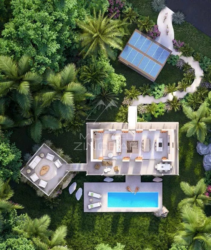 Bioclimatic villa in Baie du Cap Aerial view of a bioclimatic villa with private pool surrounded by greenery in Baie du Cap.