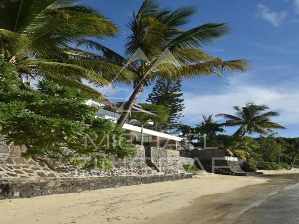 Beach with palm trees and a seaside apartment in Pereybere.