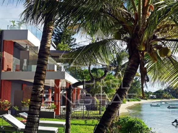 Modern apartment with terrace and sea view in Pereybere, surrounded by palm trees.