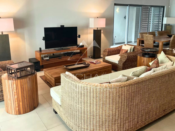 Salon d'un appartement élégant avec mobilier en rotin et télévision, situé à Bain Bœuf.