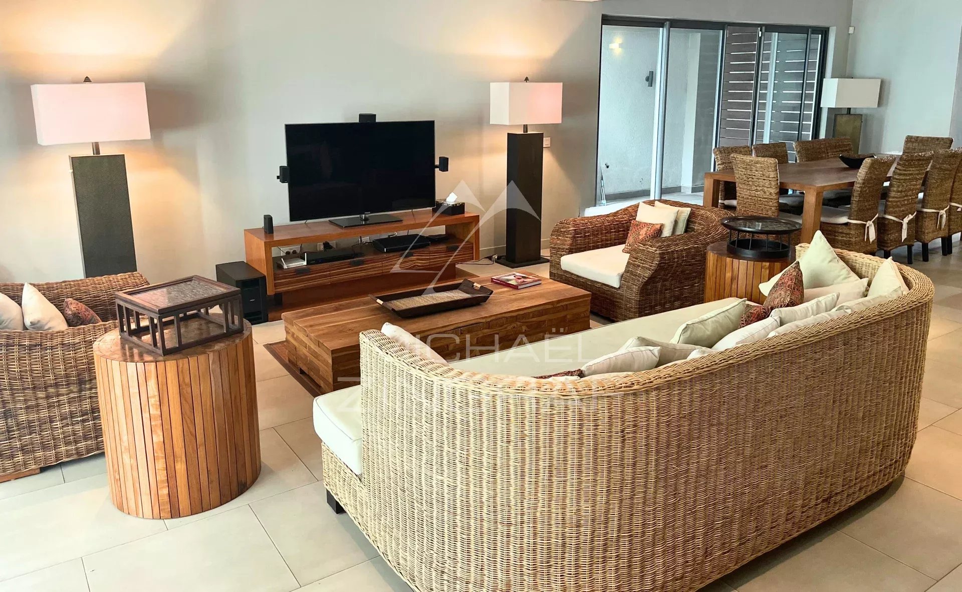 Salon d’un appartement à Bain Bœuf Salon d'un appartement élégant avec mobilier en rotin et télévision, situé à Bain Bœuf.