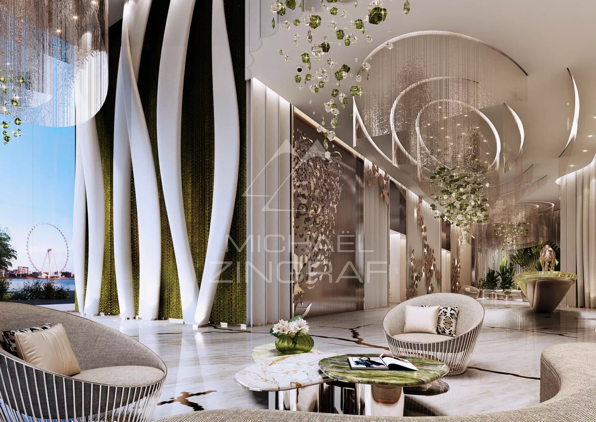 Modern apartment in Dubai Interior of a modern apartment in Dubai with elegant furniture and large windows.