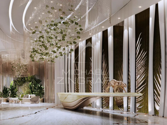 Interior of a modern entrance hall with elegant decorations and contemporary furniture.