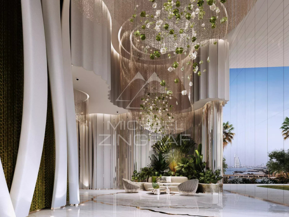 Interior of a luxury apartment in Dubai with modern decor and visible terrace.