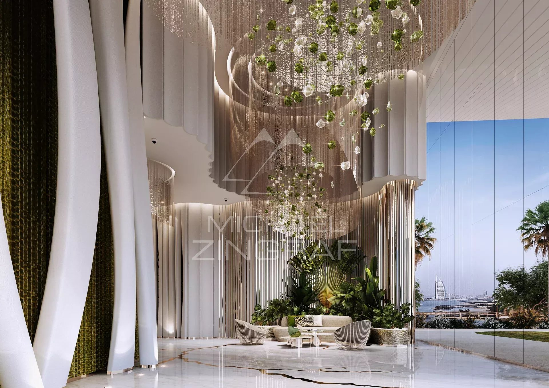 Luxury apartment in Dubai Interior of a luxury apartment in Dubai with modern decor and visible terrace.