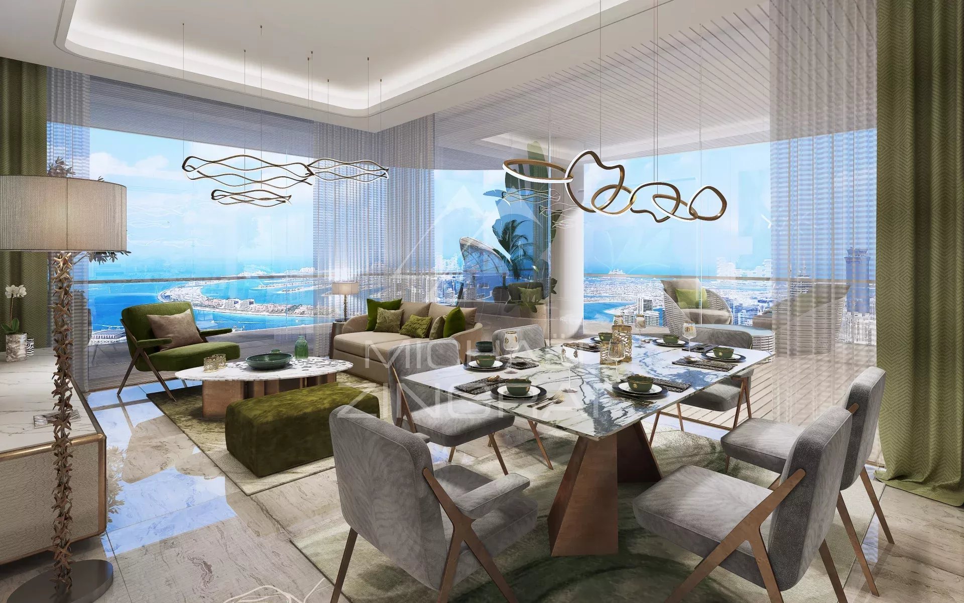 Luxury apartment in Dubai Interior of a luxury apartment in Dubai with modern living and dining room.