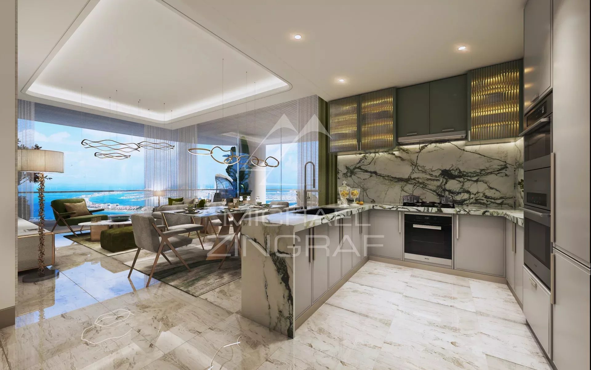 Modern apartment in Dubai Interior of a modern apartment in Dubai with kitchen and dining room, city view.