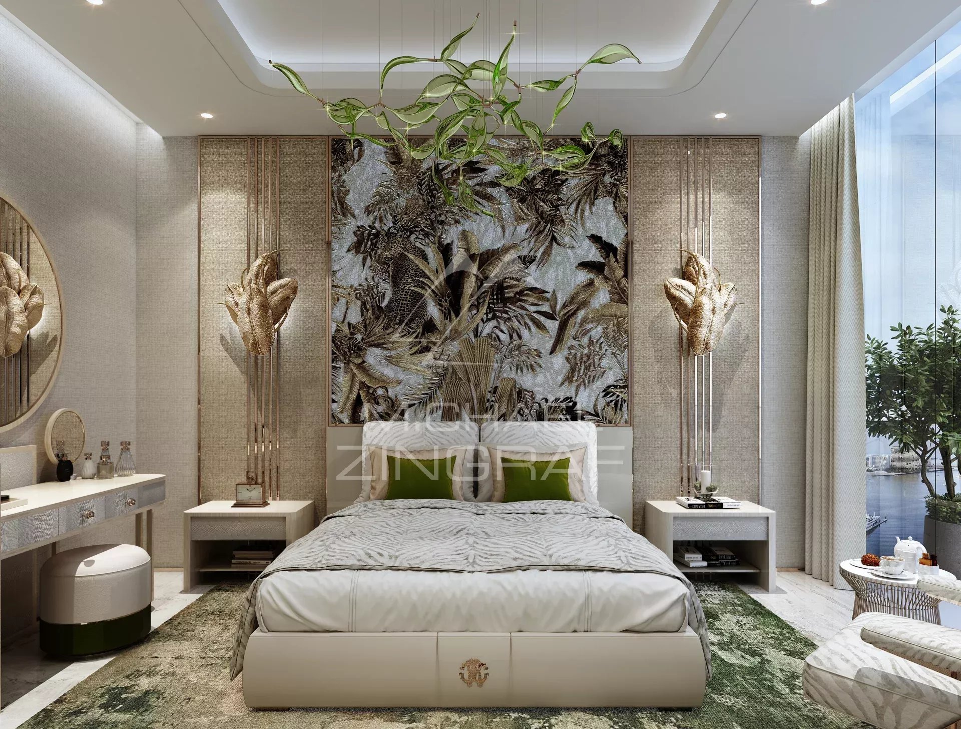 Modern room in Dubai Apartment room in Dubai with bed, modern decor and plants.