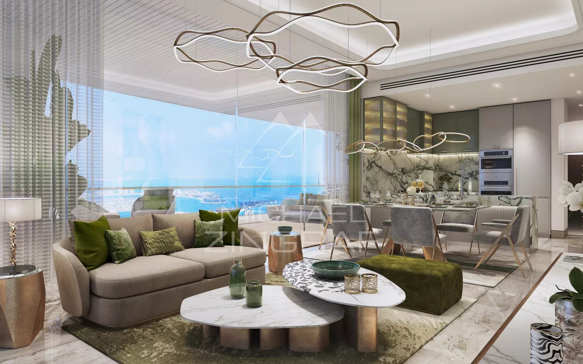 Modern apartment in Dubai Interior of a modern apartment in Dubai with living room and open kitchen.