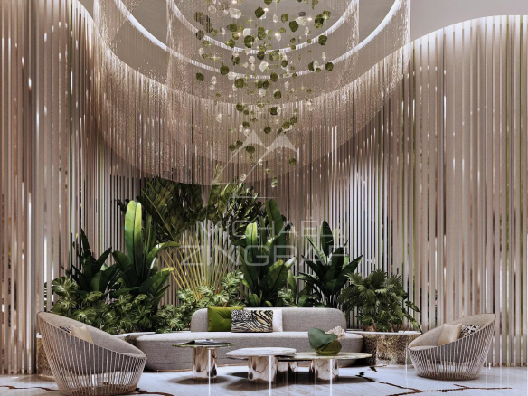 Interior of a modern apartment with plants, a sofa and coffee tables.
