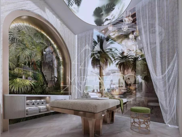Interior of an apartment in Dubai with modern decor and a view of tropical plants.