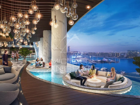 Interior of an apartment in Dubai with terrace, sea view and modern furniture.