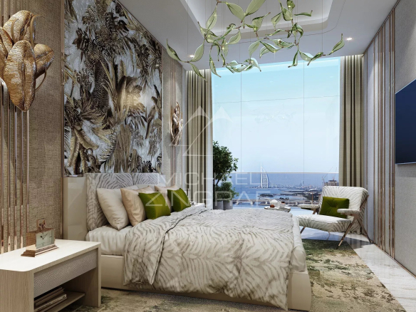 Apartment room in Dubai with a view and modern decor.