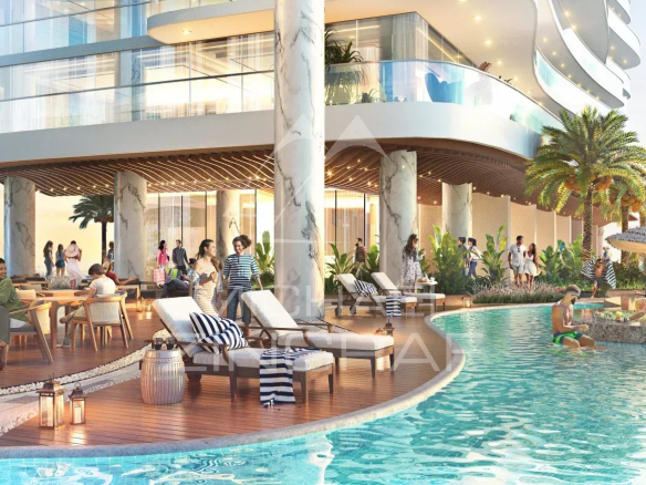 Apartment terrace in Dubai with swimming pool and outdoor living spaces.