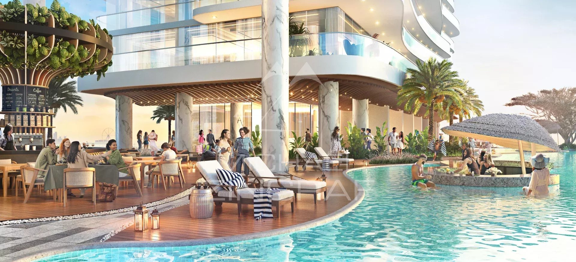 Apartment terrace in Dubai Apartment terrace in Dubai with swimming pool and outdoor living spaces.