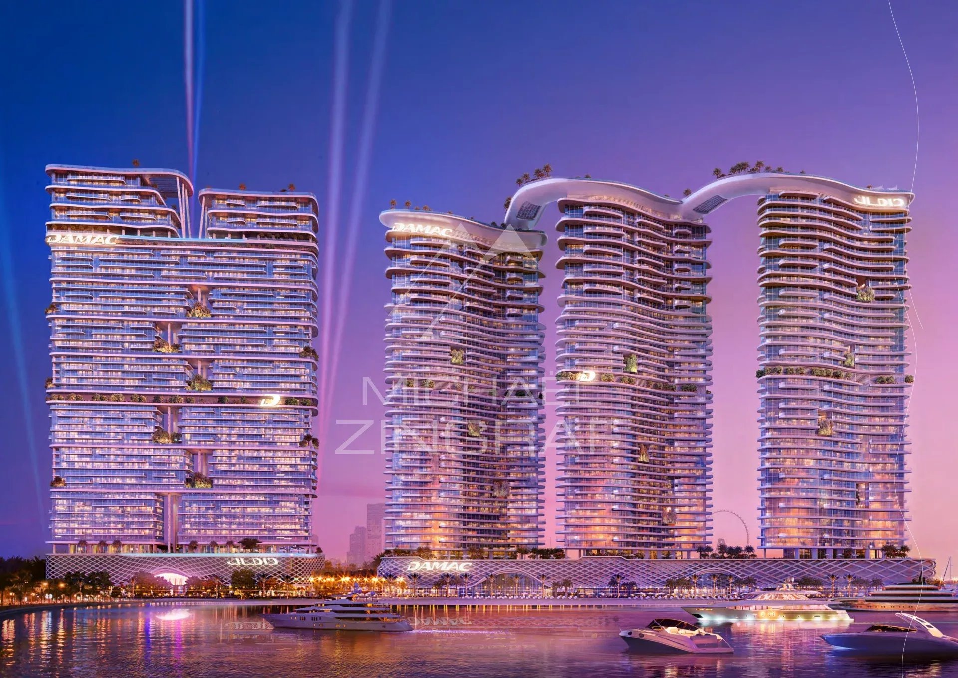 Complexe résidentiel à Dubaï Vue d'un complexe résidentiel moderne à Dubaï avec plusieurs tours et terrasses.