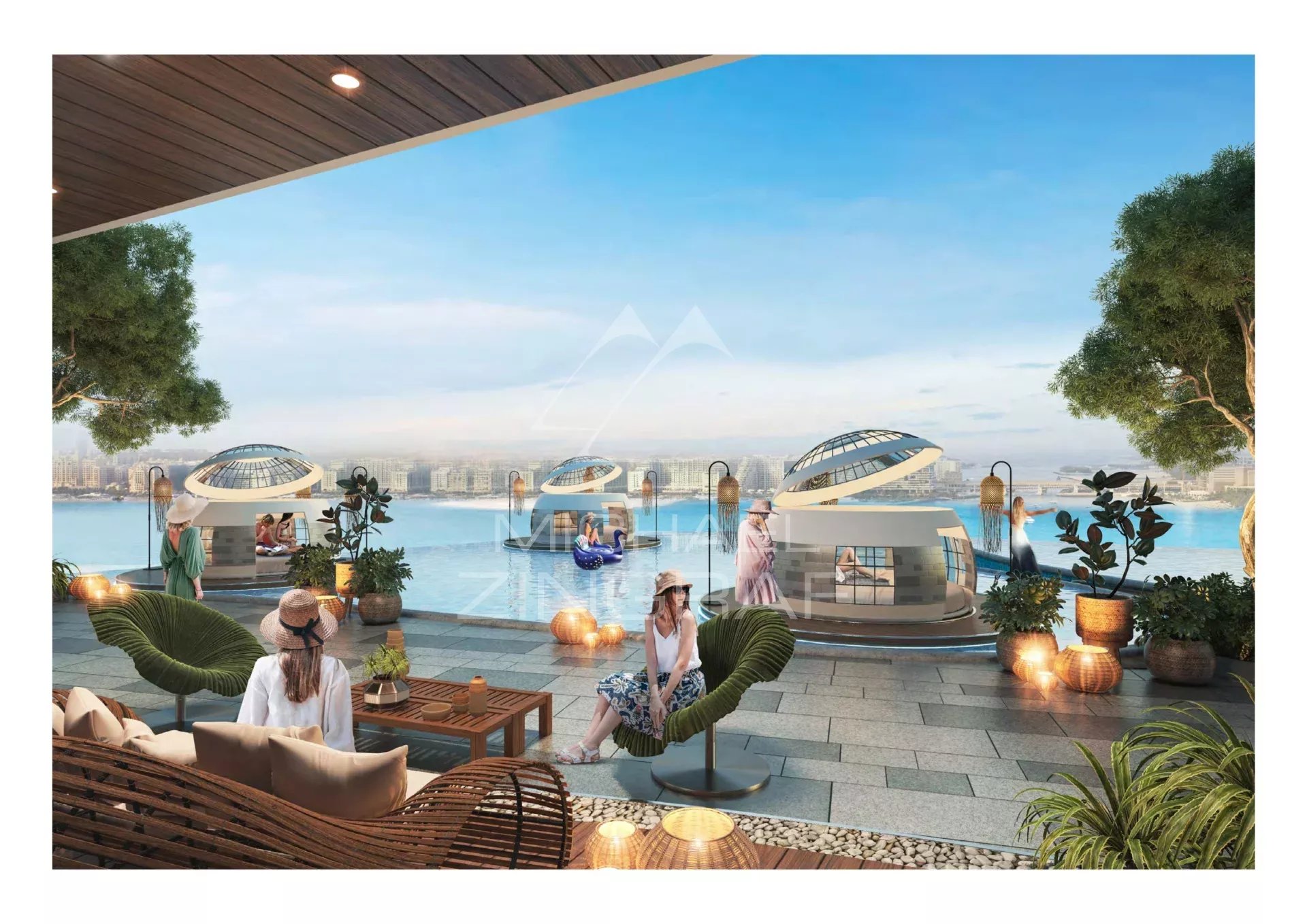 Terrasse panoramique d’un appartement à Dubaï Terrasse panoramique d'un appartement à Dubaï avec des espaces de vie extérieurs et des chaises confortables.