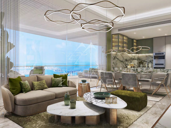 Intérieur d'un appartement moderne à Dubaï avec salon et salle à manger, vue sur la mer.