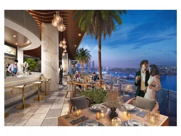 Appartement de trois chambres avec terrasse panoramique à Dubaï, vue sur la ville au crépuscule.