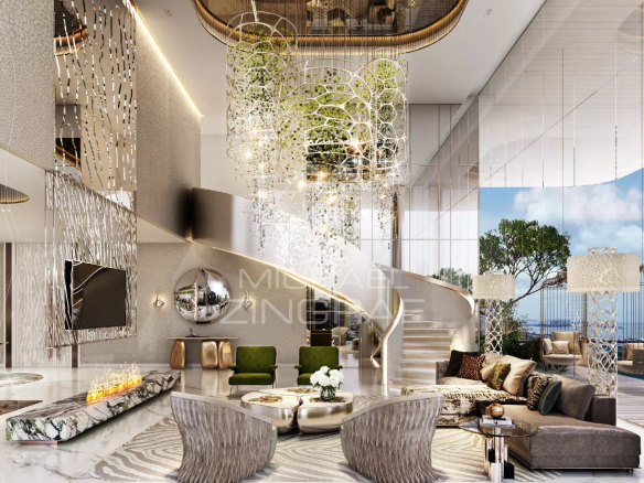 Intérieur d'un appartement à Dubaï avec un salon spacieux, des fenêtres lumineuses et une décoration moderne.