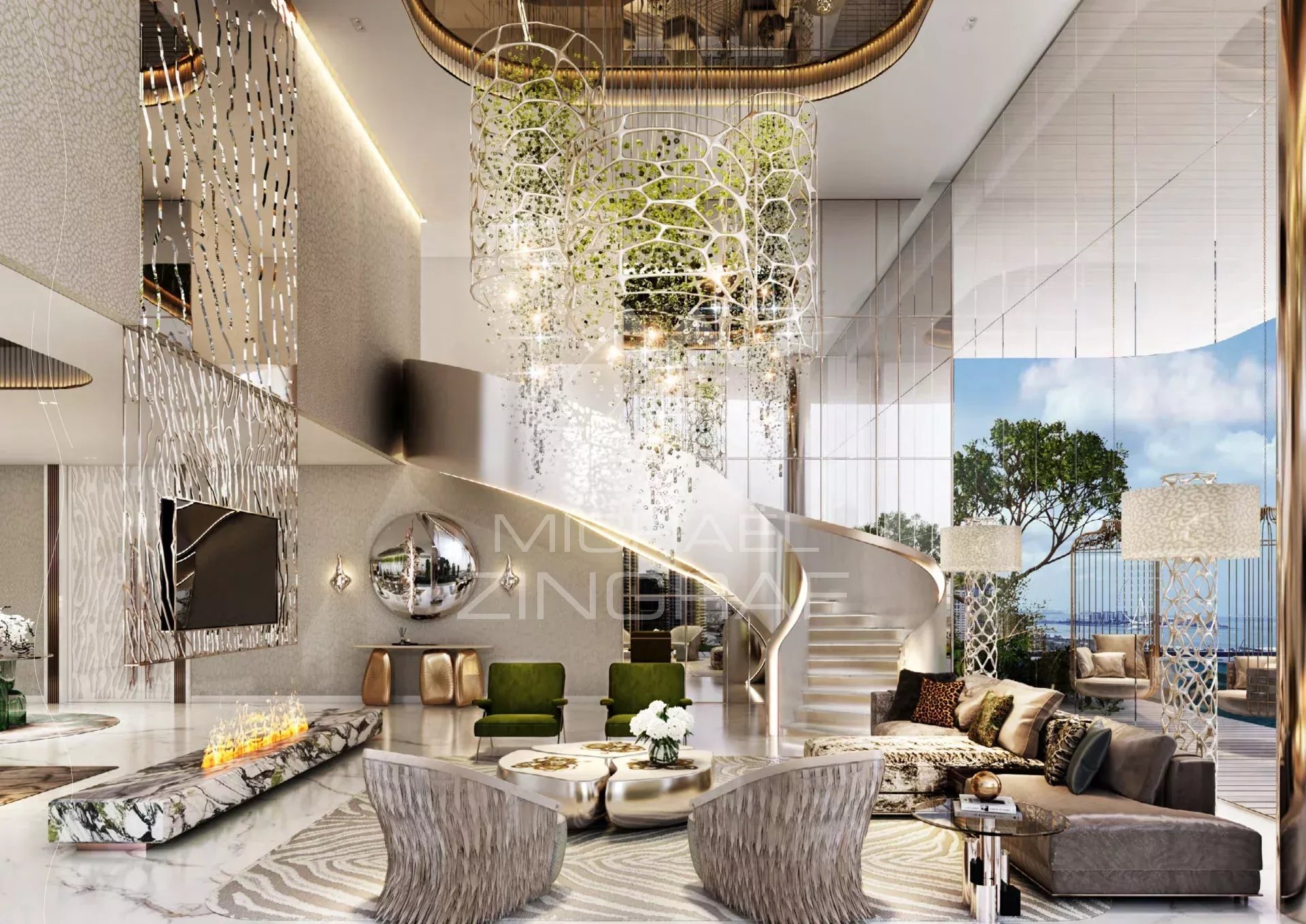 Appartement contemporain à Dubaï Intérieur d'un appartement à Dubaï avec un salon spacieux, des fenêtres lumineuses et une décoration moderne.