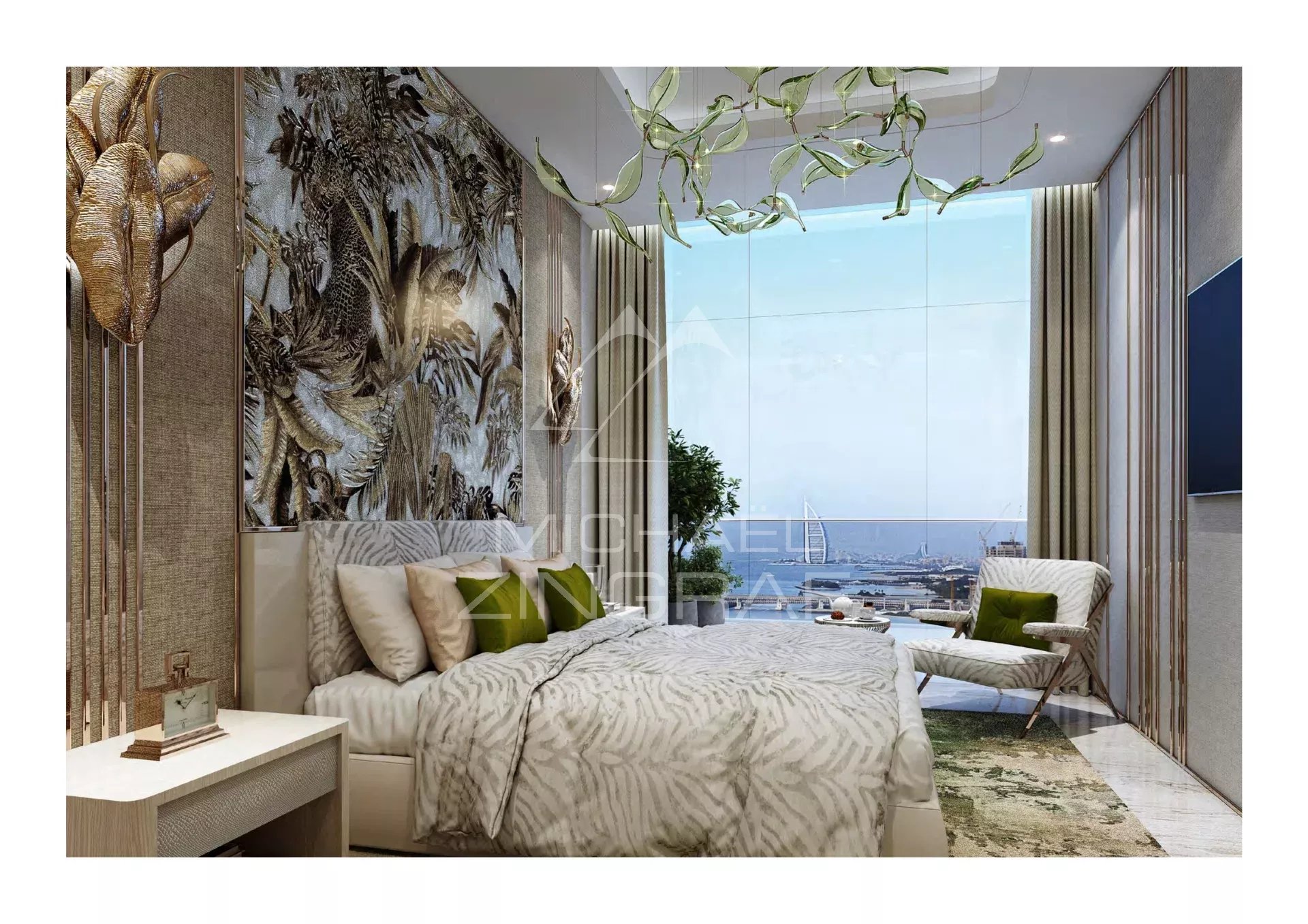 Chambre d’appartement à Dubaï Chambre d'appartement moderne à Dubaï avec grande fenêtre et décoration contemporaine.