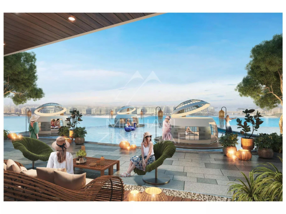 Terrasse d'un appartement à Dubaï avec des espaces de détente et vue sur la ville.