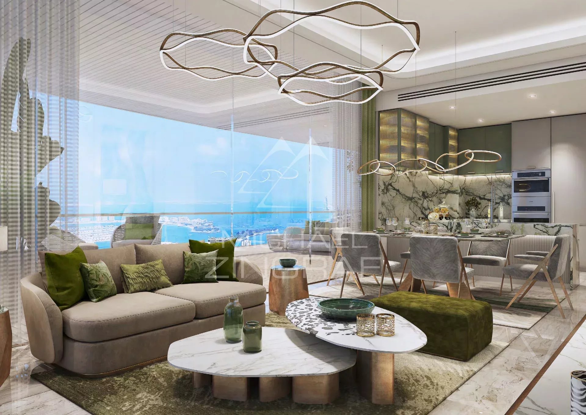 Appartement moderne à Dubaï Intérieur d'un appartement moderne à Dubaï avec salon, salle à manger et vue sur la mer.