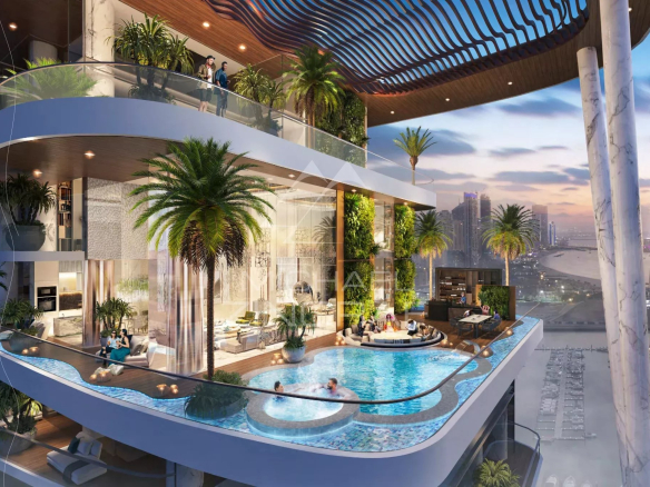 Appartement moderne à Dubaï avec piscine et terrasse, entouré de plantes et vue sur la ville.
