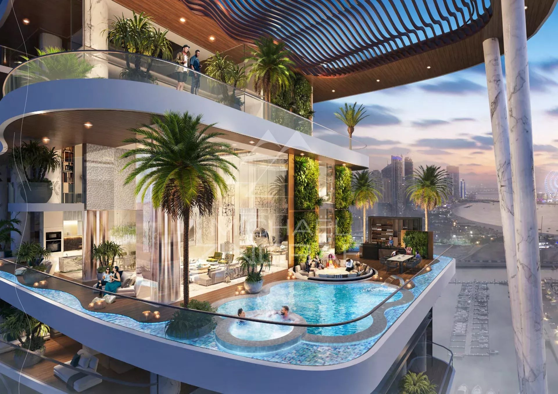 Appartement contemporain à Dubaï Appartement moderne à Dubaï avec piscine et terrasse, entouré de plantes et vue sur la ville.
