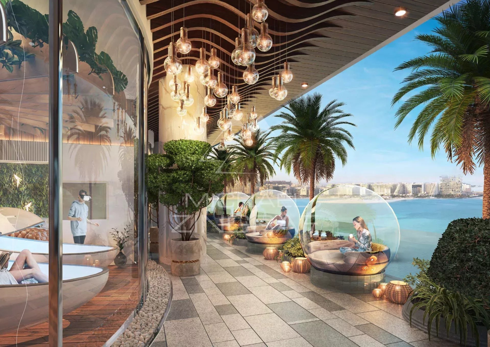 Terrasse contemporaine à Dubaï Terrasse d'un appartement à Dubaï avec vue sur la mer et des espaces de détente en verre.