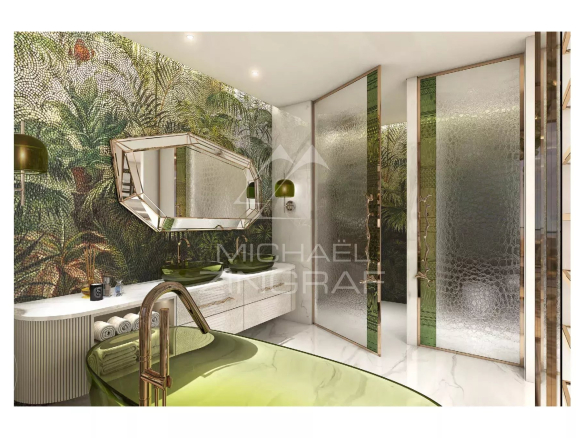 Salle de bain moderne avec baignoire verte et décor mural tropical à Dubaï.