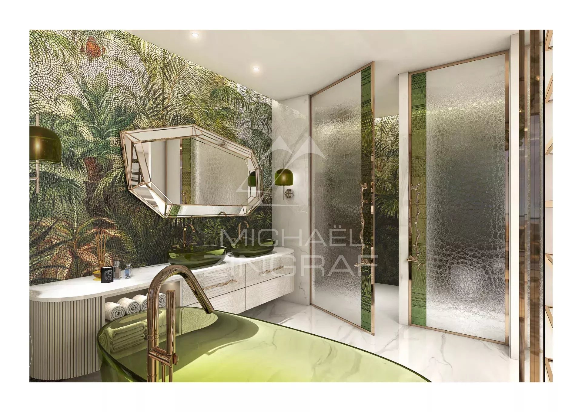 Salle de bain contemporaine à Dubaï Salle de bain moderne avec baignoire verte et décor mural tropical à Dubaï.