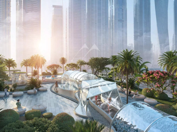 Vue d'un espace extérieur d'une résidence à Dubaï avec des jardins et des structures modernes.