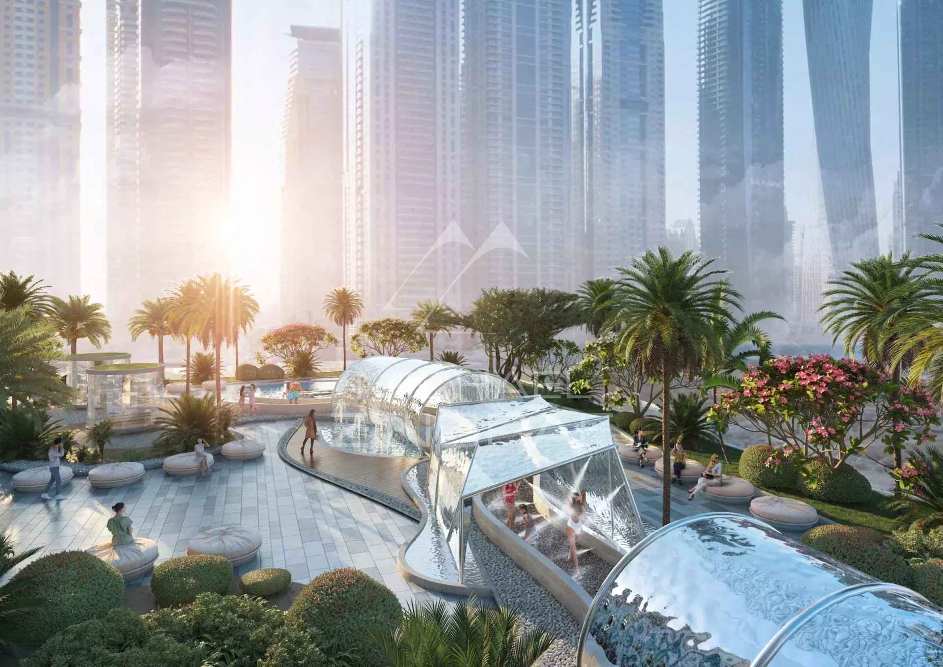 Espace extérieur d’une résidence à Dubaï Vue d'un espace extérieur d'une résidence à Dubaï avec des jardins et des structures modernes.