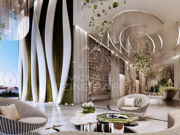 Intérieur d'un appartement moderne à Dubaï avec mobilier élégant et grande fenêtre offrant une vue.