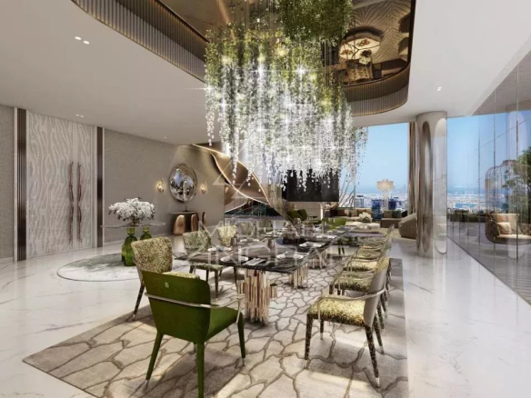 Intérieur d'un appartement à Dubaï avec salle à manger élégante et décoration moderne.