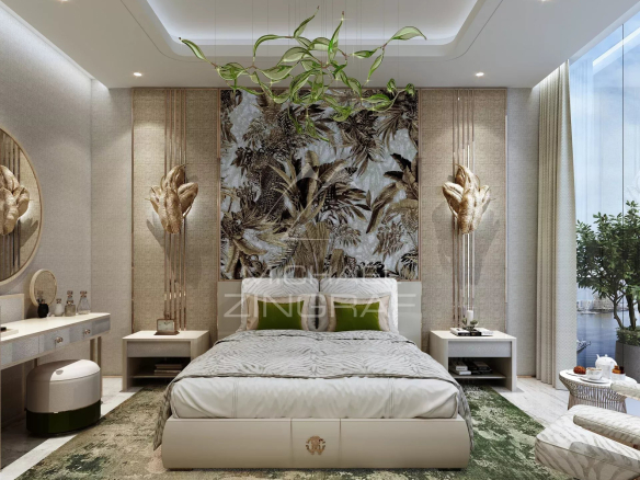 Chambre d'un appartement à Dubaï avec décoration moderne et plantes suspendues.