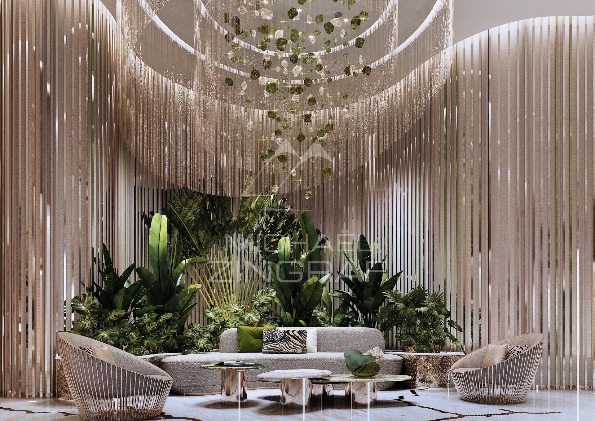 Salon moderne d’un appartement à Dubaï Intérieur d'un appartement à Dubaï avec un salon moderne et des plantes décoratives.