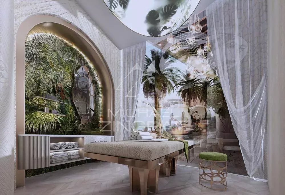 Appartement moderne à Dubaï Intérieur d'un appartement à Dubaï avec décoration moderne et vue sur des plantes tropicales.