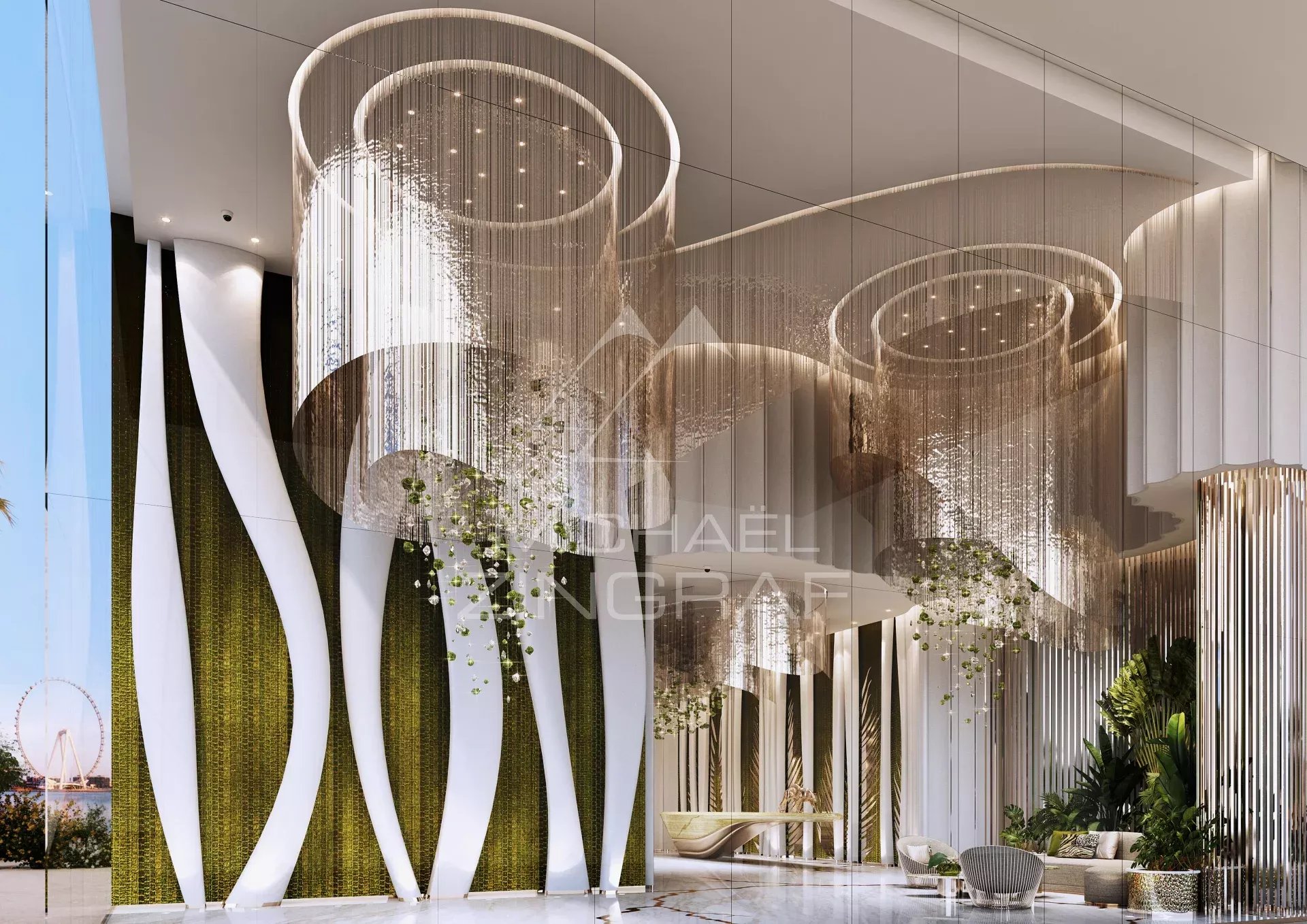 Intérieur d’un appartement à Dubaï Intérieur moderne d'un appartement à Dubaï avec des éléments de design contemporain et une grande hauteur sous plafond.