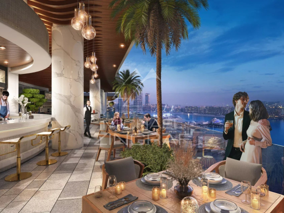 Terrasse d'un appartement à Dubaï avec vue sur la ville, mobilier moderne et ambiance élégante.