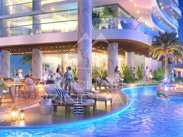 Vue d'un appartement à Dubaï avec terrasse, piscine et espaces de vie extérieurs.