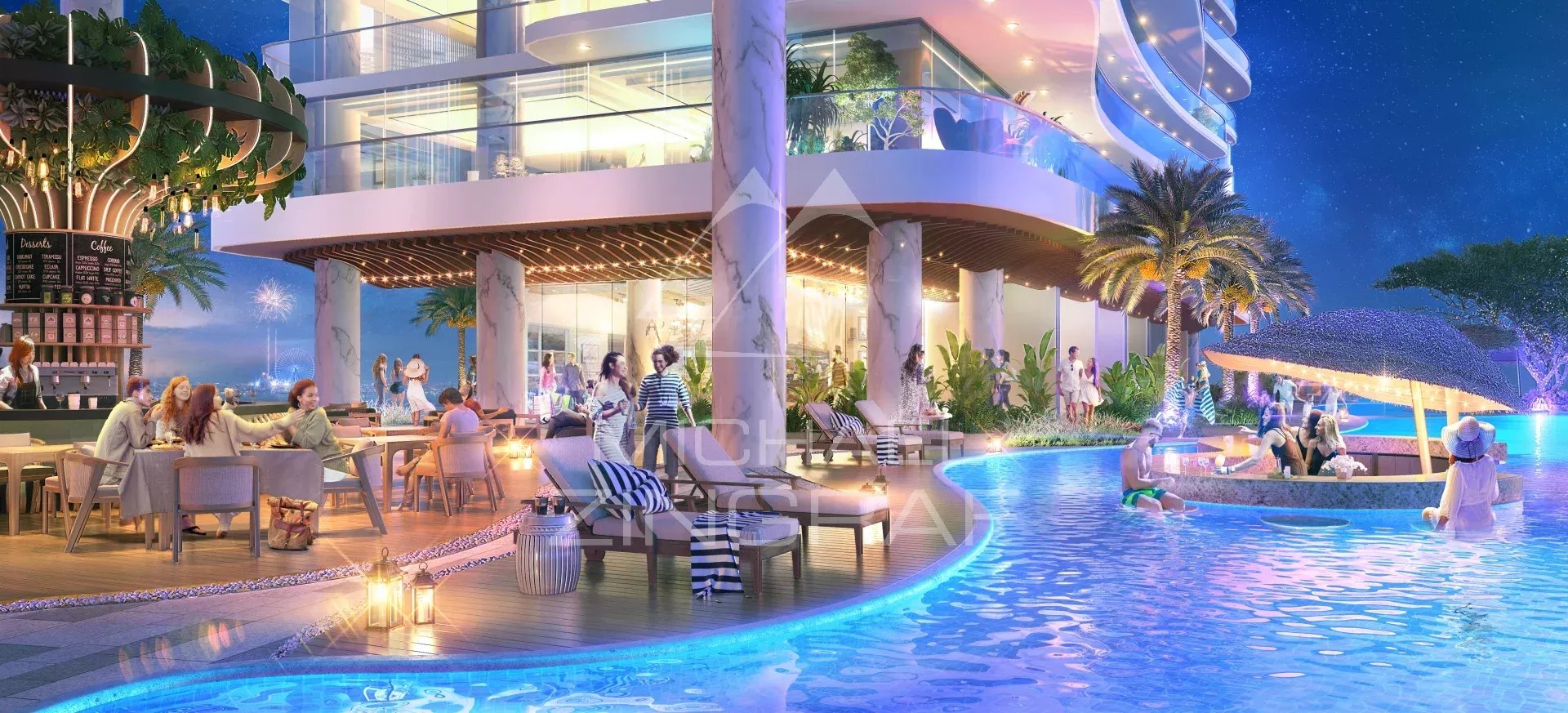 Appartement à Dubaï avec terrasse Vue d'un appartement à Dubaï avec terrasse, piscine et espaces de vie extérieurs.