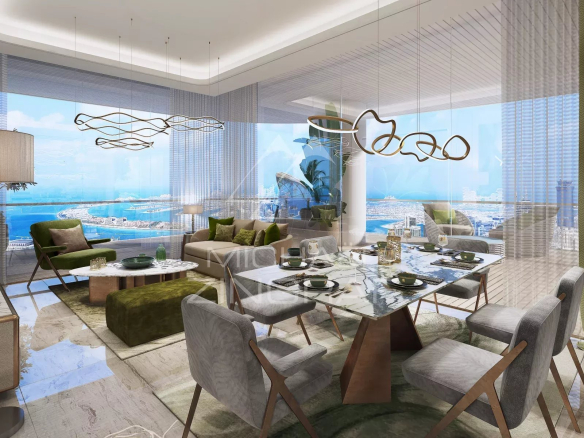 Intérieur d'un appartement à Dubaï avec un salon et une salle à manger modernes, vue sur la ville.