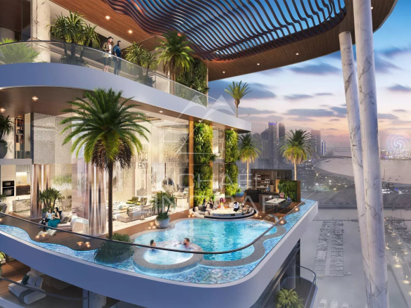 Appartement moderne à Dubaï avec terrasse et piscine, vue sur la mer.
