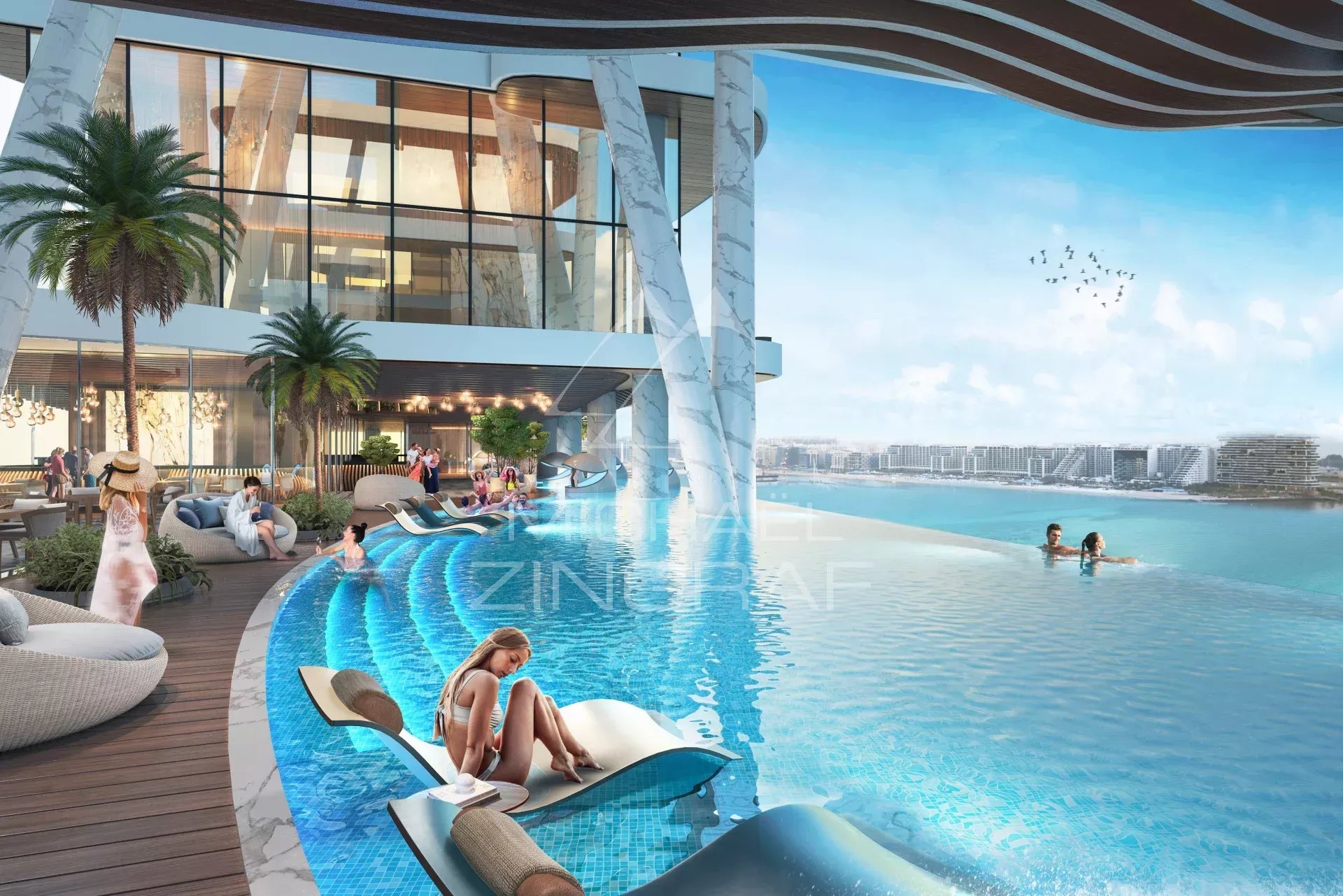 Appartement à Dubaï avec terrasse et piscine Vue d'un appartement à Dubaï avec piscine et espaces extérieurs