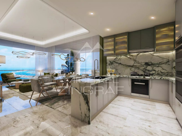 Cuisine moderne et séjour lumineux d'un appartement de 2 chambres à Dubaï avec vue.