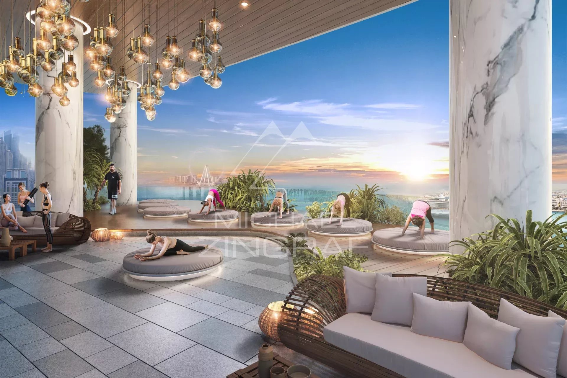 Terrasse d’appartement à Dubaï Terrasse d'un appartement à Dubaï avec vue sur la mer et des espaces de vie extérieurs.