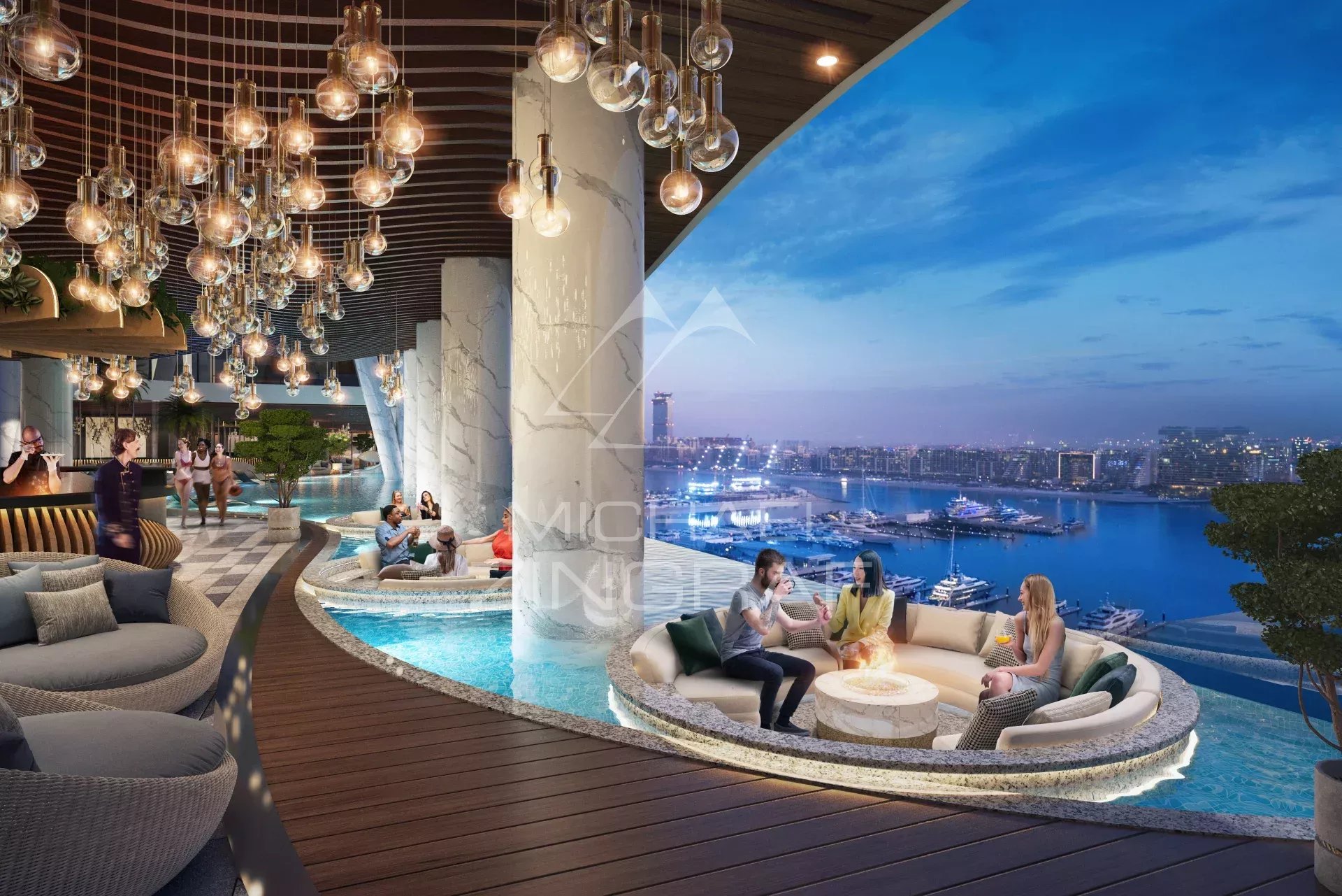 Appartement moderne à Dubaï Vue d'un appartement moderne avec terrasse à Dubaï, espace de vie intérieur et extérieur.